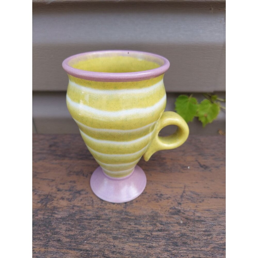 Eric Van Eimeren Pottery Footed Mug Chartreuse, White w/ Mauve Rim & Foot Helena